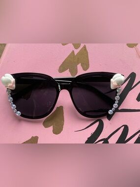 Hand Crafted Black Sunglasses with Pearl and flower accents